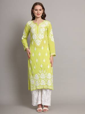 Green modal hand embroidered chikankari straight kurti 1
