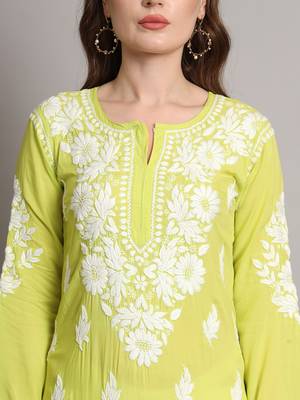 Green modal hand embroidered chikankari straight kurti 3