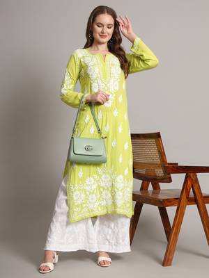 Green modal hand embroidered chikankari straight kurti 5