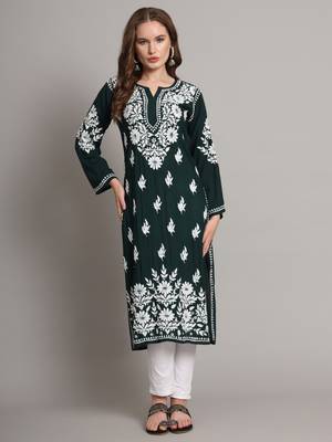 Bottle green modal hand embroidered chikankari straight kurti 1