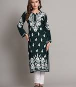 Bottle green modal hand embroidered chikankari straight kurti