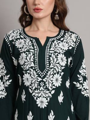 Bottle green modal hand embroidered chikankari straight kurti 3