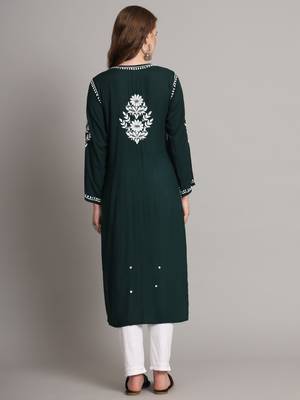 Bottle green modal hand embroidered chikankari straight kurti 4