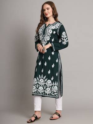Bottle green modal hand embroidered chikankari straight kurti 5