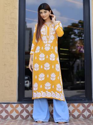 Yellow modal hand embroidered chikankari straight kurti 1