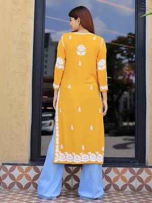 Yellow modal hand embroidered chikankari straight kurti 4