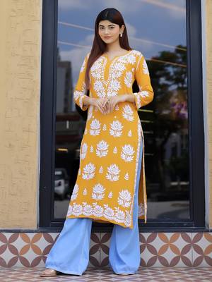 Yellow modal hand embroidered chikankari straight kurti 5