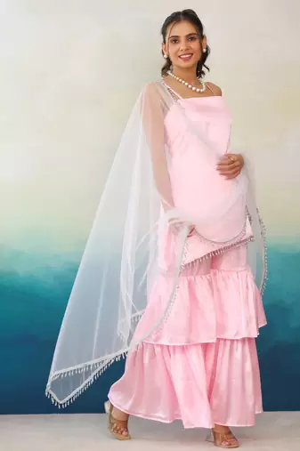  Baby Pink Color Sharara Set with White Net Dupatta