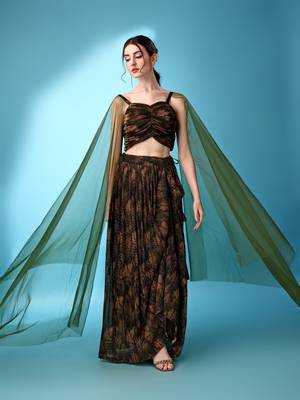 Brown & Green Color Fancy work  Lycra Lehenga Choli 1