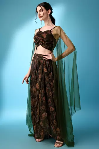 Brown & Green Color Fancy work  Lycra Lehenga Choli