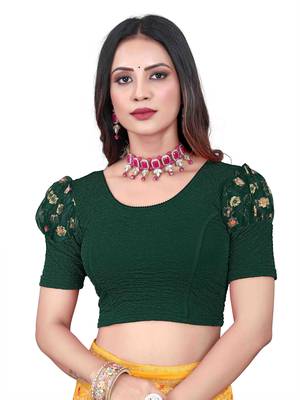 Bottel Green Cotton Lycra Fully Stretchable Round Neck Readymade Blouse With Net Balloon Sleeve 1