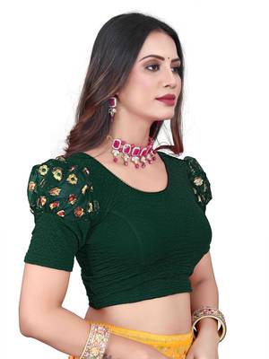 Bottel Green Cotton Lycra Fully Stretchable Round Neck Readymade Blouse With Net Balloon Sleeve 2
