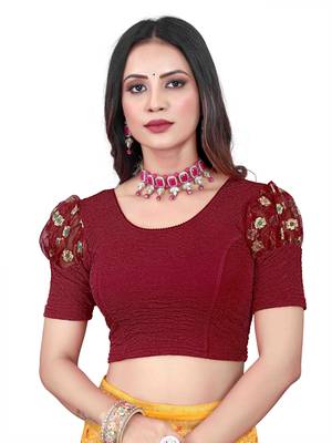 Maroon Cotton Lycra Fully Stretchable Round Neck Readymade Blouse With Net Balloon Sleeve 1