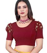 Maroon Cotton Lycra Fully Stretchable Round Neck Readymade Blouse With Net Balloon Sleeve