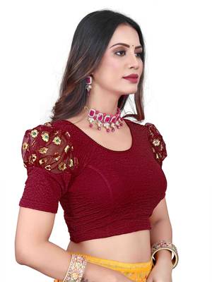 Maroon Cotton Lycra Fully Stretchable Round Neck Readymade Blouse With Net Balloon Sleeve 2