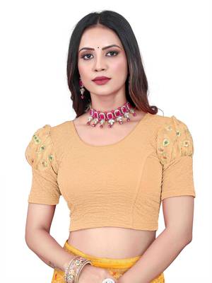 Cream Cotton Lycra Fully Stretchable Round Neck Readymade Blouse With Net Balloon Sleeve 1