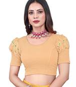 Cream Cotton Lycra Fully Stretchable Round Neck Readymade Blouse With Net Balloon Sleeve