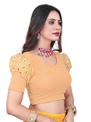 Cream Cotton Lycra Fully Stretchable Round Neck Readymade Blouse With Net Balloon Sleeve 2