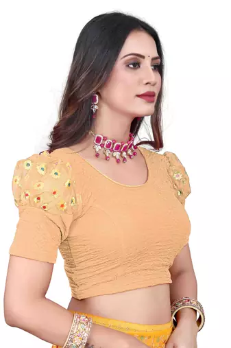 Cream Cotton Lycra Fully Stretchable Round Neck Readymade Blouse With Net Balloon Sleeve