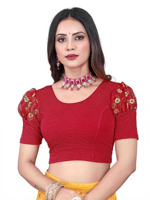 Red Cotton Lycra Fully Stretchable Round Neck Readymade Blouse With Net Balloon Sleeve 1