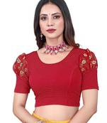 Red Cotton Lycra Fully Stretchable Round Neck Readymade Blouse With Net Balloon Sleeve