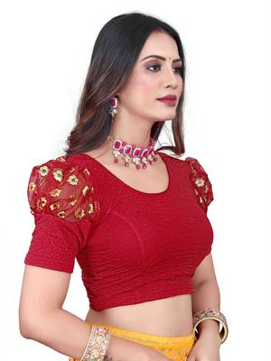 Red Cotton Lycra Fully Stretchable Round Neck Readymade Blouse With Net Balloon Sleeve 2