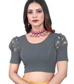 Grey Cotton Lycra Fully Stretchable Round Neck Readymade Blouse With Net Balloon Sleeve