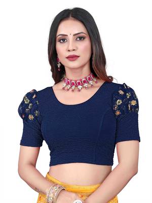 Navy Blue Cotton Lycra Fully Stretchable Round Neck Readymade Blouse With Net Balloon Sleeve 1