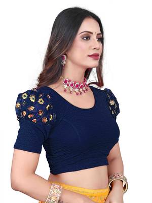 Navy Blue Cotton Lycra Fully Stretchable Round Neck Readymade Blouse With Net Balloon Sleeve 2