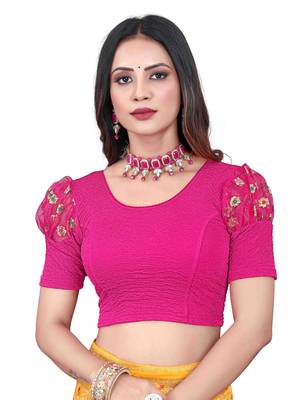 Pink Cotton Lycra Fully Stretchable Round Neck Readymade Blouse With Net Balloon Sleeve 1