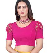 Pink Cotton Lycra Fully Stretchable Round Neck Readymade Blouse With Net Balloon Sleeve