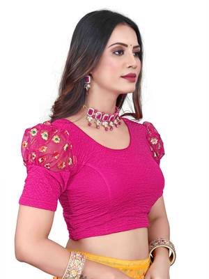 Pink Cotton Lycra Fully Stretchable Round Neck Readymade Blouse With Net Balloon Sleeve 2