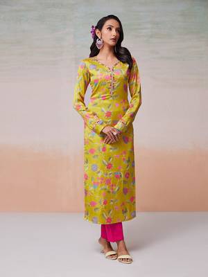 Parrot green floral printed satin kurta pant 1