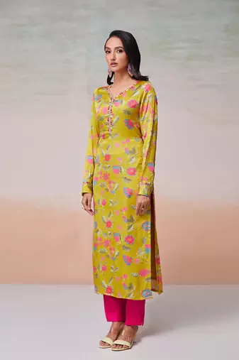 Parrot green floral printed satin kurta pant