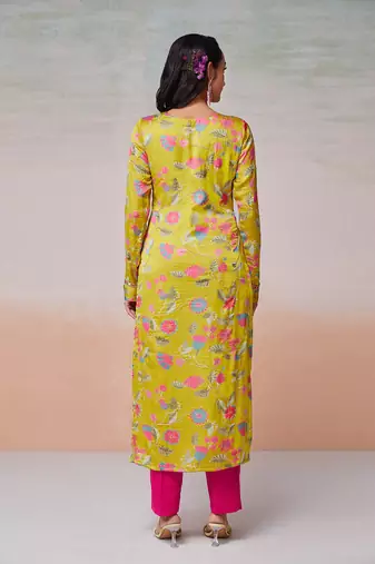 Parrot green floral printed satin kurta pant