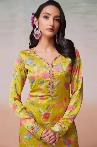 Parrot green floral printed satin kurta pant