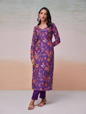 Purple floral printed muslin palazzo kurta set 1