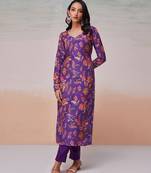 Purple floral printed muslin palazzo kurta set