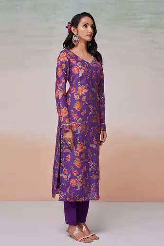 Purple floral printed muslin palazzo kurta set