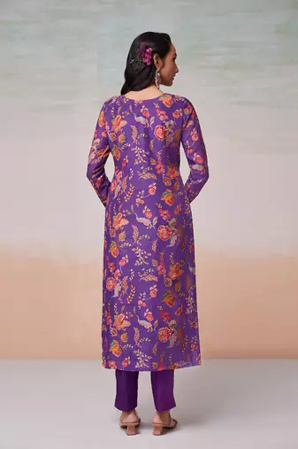 Purple floral printed muslin palazzo kurta set