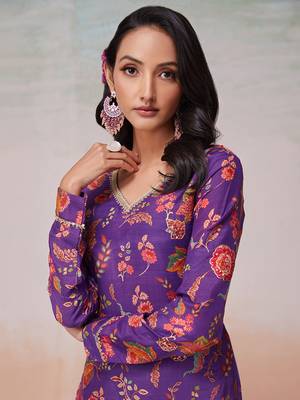 Purple floral printed muslin palazzo kurta set 4