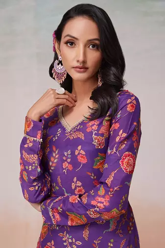 Purple floral printed muslin palazzo kurta set