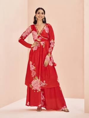 Red floral printed kurta palazzo set 1