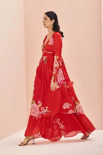 Red floral printed kurta palazzo set