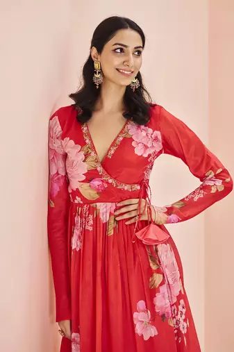 Red floral printed kurta palazzo set