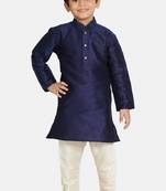 Blue plain cotton silk boys kurta pyjama
