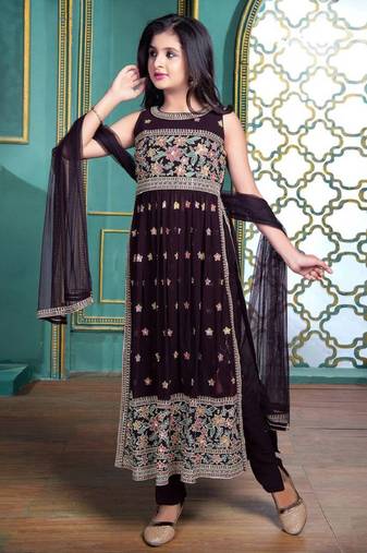 Brown georgette embroidery churidar salwar suit for girls dress