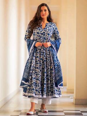 Blue printed rayon kurta pant with dupatta set 1