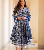 Blue printed rayon kurta pant with dupatta set