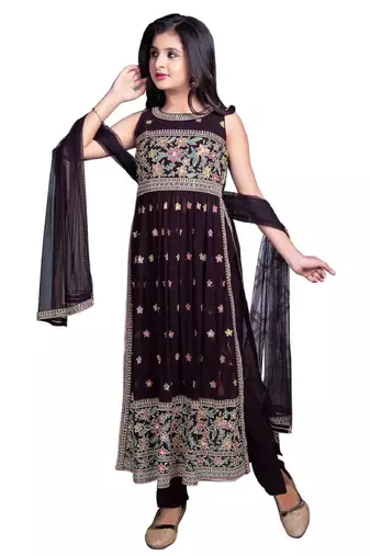 Brown georgette embroidery churidar salwar suit for girls dress